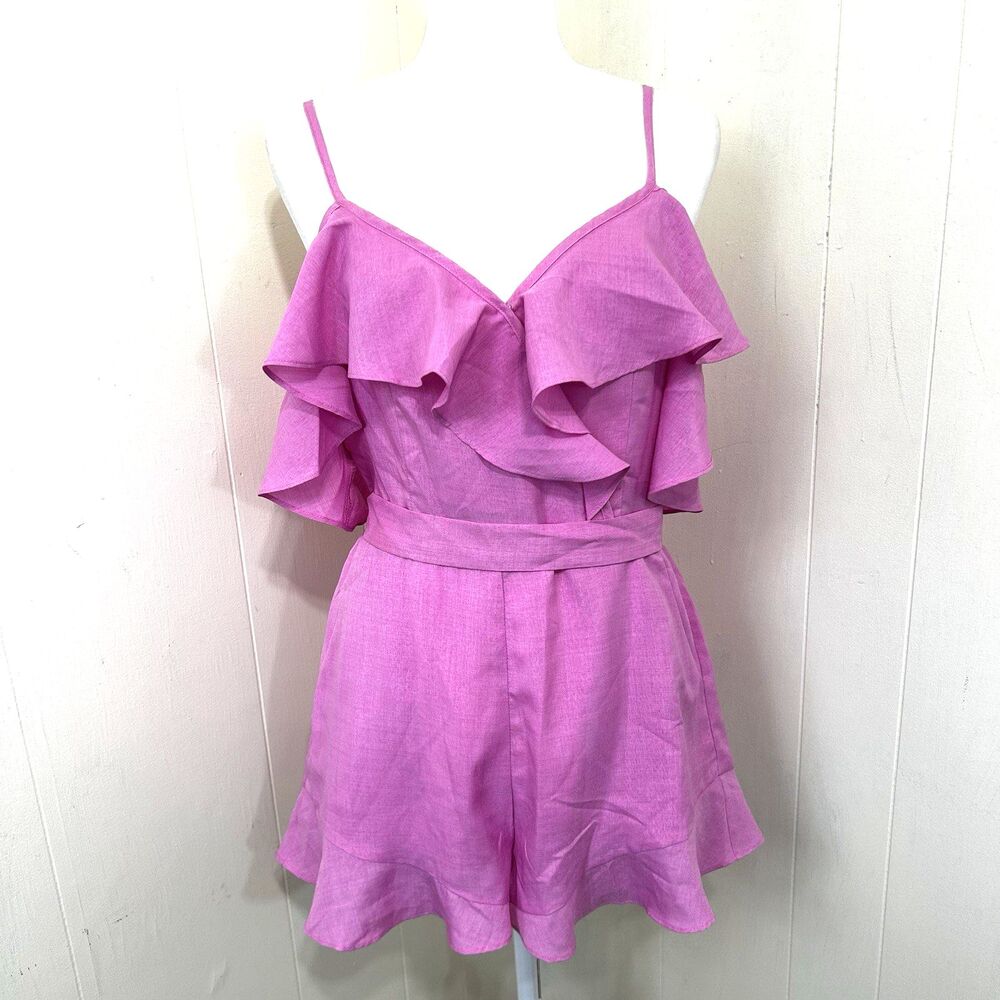 Blue Blush Romper Size Large Pink Off the Shoulder Tie Waist Ruffle Romper NWOT